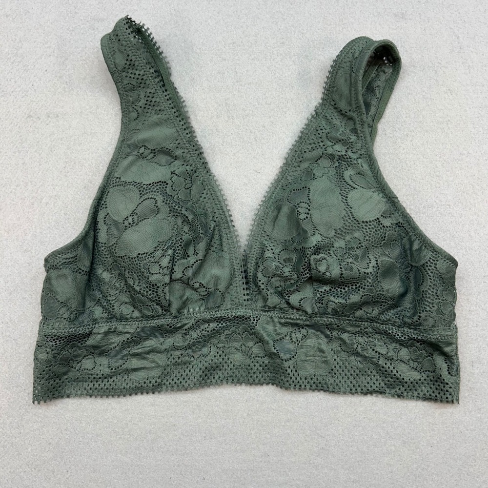 Aerie Womens Sage Green Floral Lace Plunge Bralette Size M Wireless V-Neck